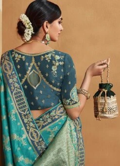 Art Silk Jacquard Embroidery Lime Teal Blue And Grey Color Saree Party Wear -C Bazaar Shop Art Silk Jacquard Embroidery Lime Teal Blue And Grey Color Saree SASLI19406108 b