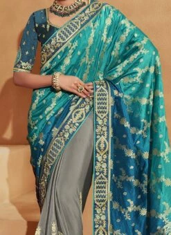 Art Silk Jacquard Embroidery Lime Teal Blue And Grey Color Saree Party Wear