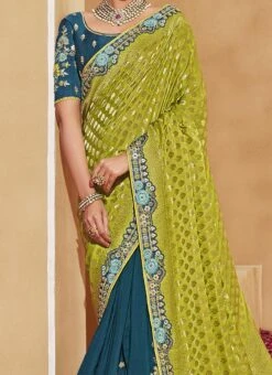 Art Silk Jacquard Embroidery Lime Yellow And Ocean Blue Color Saree Party Wear
