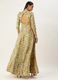 Beige Art Silk Jacquard Pleated Yoke Gown Wedding Wear -C Bazaar Shop Beige Art Silk Jacquard Pleated Yoke Gown IWBS02212539 b