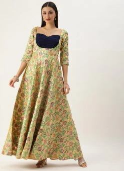 Beige Art Silk Jacquard Pleated Yoke Gown Wedding Wear -C Bazaar Shop Beige Art Silk Jacquard Pleated Yoke Gown IWBS02212539 u