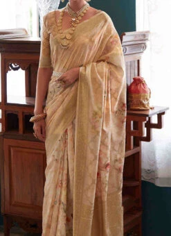 Beige Art Silk Printed Sari Festive Wear