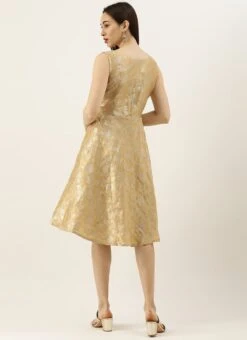 Beige Brocade Boat Neck Flared Dress Festive Wear -C Bazaar Shop Beige Brocade Boat Neck Flared Dress DRBS02105387 b