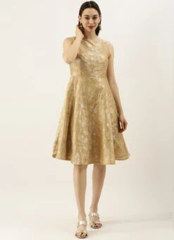 Beige Brocade Boat Neck Flared Dress Festive Wear -C Bazaar Shop Beige Brocade Boat Neck Flared Dress DRBS02105387 u