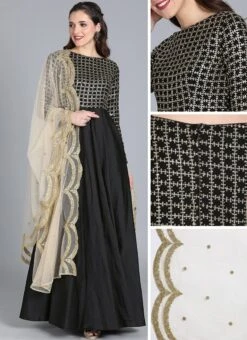 Beige N Black Embroidered Dupatta N Gown Festive Wear -C Bazaar Shop Beige N Black Embroidered Dupatta N Gown IWBS01910308 gl