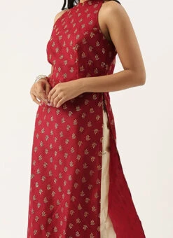 Beige N Maroon Printed Halter Neck Kurta Set Festive Wear