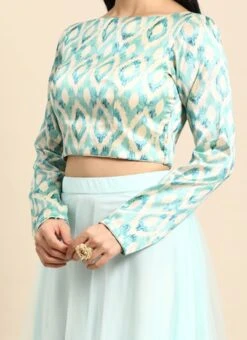 Beige N Sea Green Printed Boat Neck Blouse Festive Wear