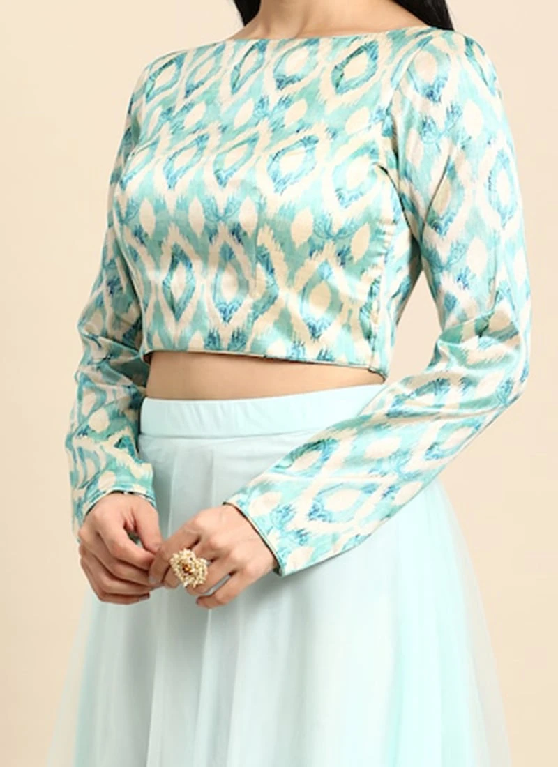Beige N Sea Green Printed Boat Neck Blouse Festive Wear 1 Beige N Sea Green Printed Boat Neck Blouse Festive Wear