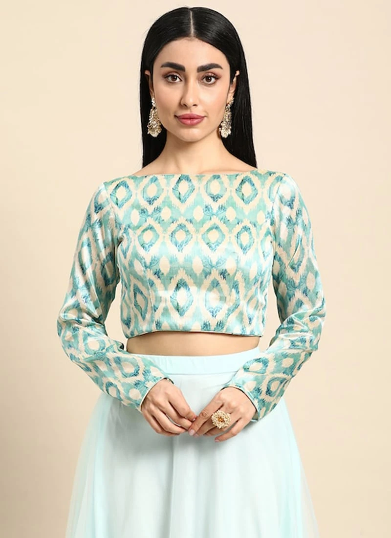 Beige N Sea Green Printed Boat Neck Blouse Festive Wear 3 Beige N Sea Green Printed Boat Neck Blouse Festive Wear - Image 3