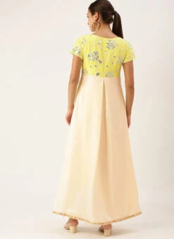 Beige N Yellow Embroidered Pleated Dress Festive Wear -C Bazaar Shop Beige N Yellow Embroidered Pleated Dress DRBS02108629 b