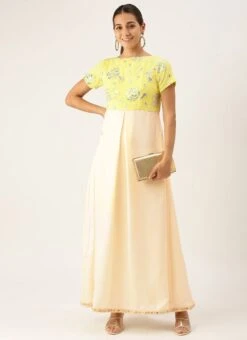 Beige N Yellow Embroidered Pleated Dress Festive Wear -C Bazaar Shop Beige N Yellow Embroidered Pleated Dress DRBS02108629 u