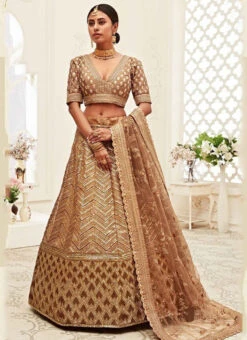 Beige Net Embroidered N Sequins Work Umbrella Lehenga Wedding Wear -C Bazaar Shop Beige Net Embroidered N Sequins Work Umbrella Lehenga GHSAJ42337709 u