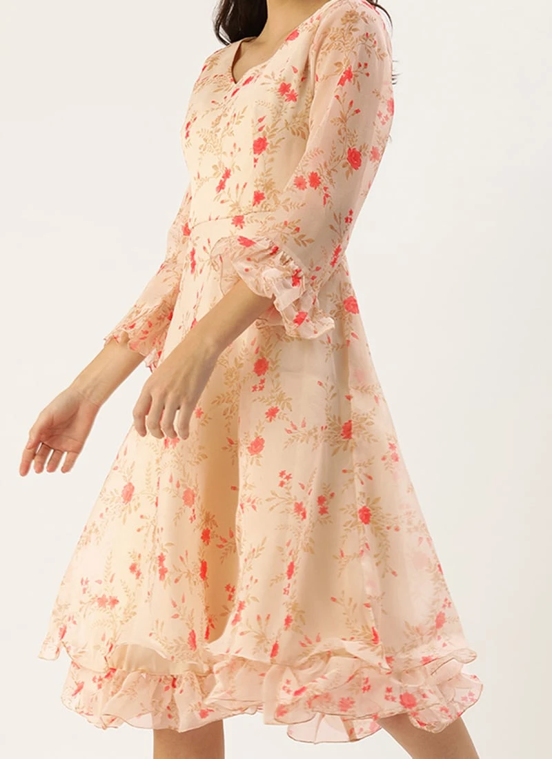 Beige Organza Ruffle Dress Party Wear 1 Beige Organza Ruffle Dress Party Wear