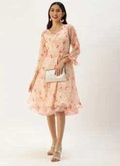 Beige Organza Ruffle Dress Party Wear 10 Beige Organza Ruffle Dress Party Wear -C Bazaar Shop Beige Organza Ruffle Dress DRBS02203561 u