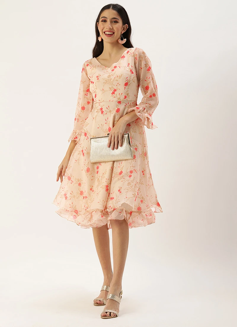 Beige Organza Ruffle Dress Party Wear 3 Beige Organza Ruffle Dress Party Wear - Image 3