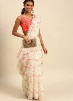 Beige Printed Organza Saree After Six Wear -C Bazaar Shop Beige Printed Organza Saree SABS02202381 u