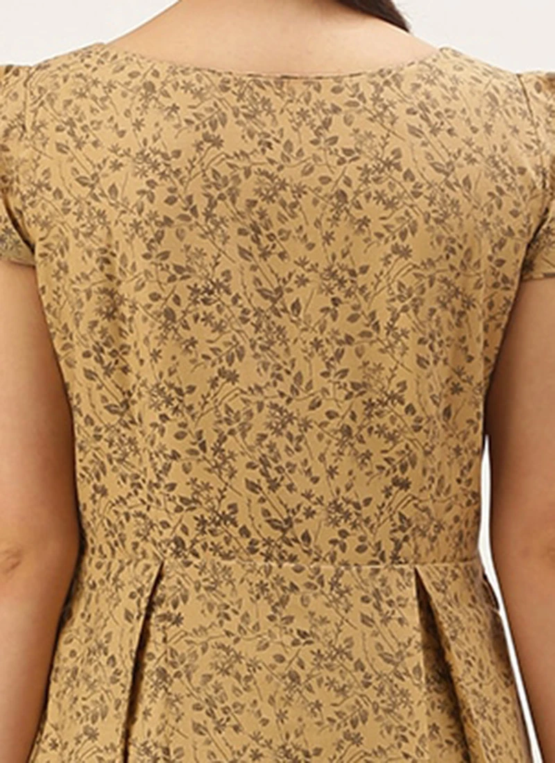 Beige Printed Rayon Calf Length Dress Work Wear 6 Beige Printed Rayon Calf Length Dress Work Wear - Image 6