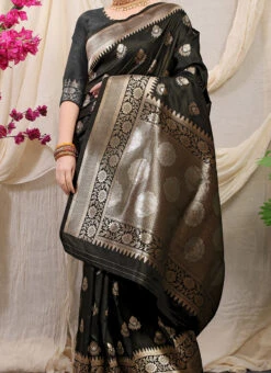 Black Color Zari Weaving Patola Silk Saree Festive Wear