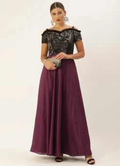 Black Embroidered Off Shoulder Gown Party Wear -C Bazaar Shop Black Embroidered Off Shoulder Gown IWBS02008792 u