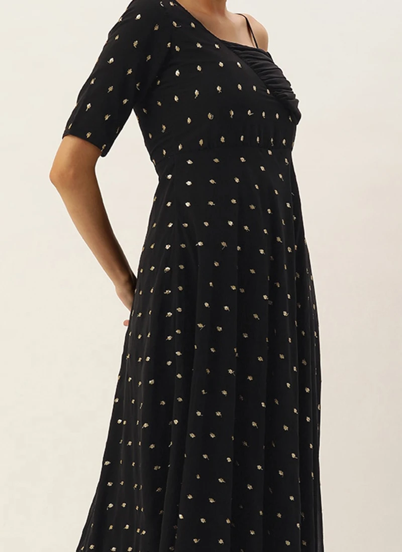 Black Embroidered One Shoulder Style Gown Party Wear 1 Black Embroidered One Shoulder Style Gown Party Wear
