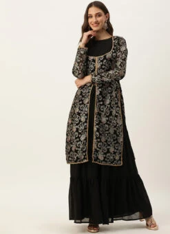 Black Foli Print Georgette Kurti Set Festive Wear -C Bazaar Shop Black Foli Print Georgette Kurti Set KSBS02302551 u