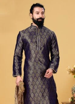Navy Blue Jacquard Silk Kurta Pyjama Party Wear -C Bazaar Shop Black Jacquard Silk Kurta Pyjama KPSVS120 b