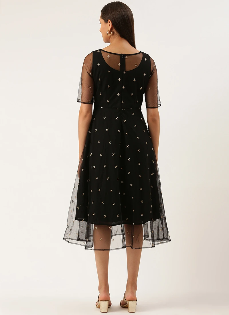 Black Net Embroidered Midi Dress Festive Wear 4 Black Net Embroidered Midi Dress Festive Wear - Image 4