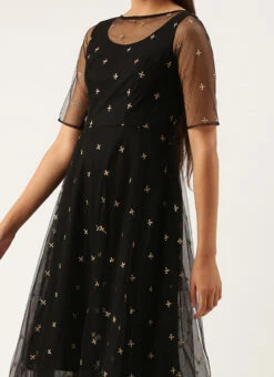 Black Net Embroidered Midi Dress Festive Wear