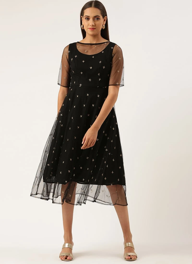 Black Net Embroidered Midi Dress Festive Wear 3 Black Net Embroidered Midi Dress Festive Wear - Image 3