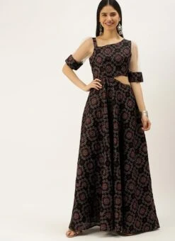 Black Printed Art Silk Gown Festive Wear -C Bazaar Shop Black Printed Art Silk Gown IWBS02208431 u