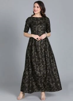 Black Printed Rayon Boat Neck Gown After Six Wear -C Bazaar Shop Black Printed Rayon Boat Neck Gown IWBS01909988 u