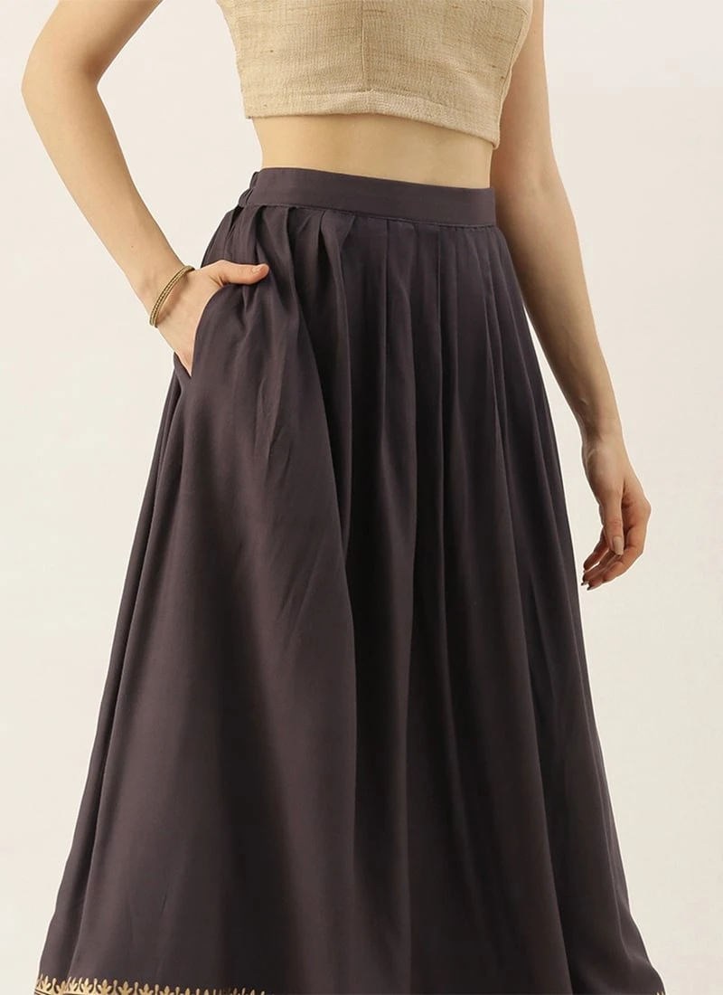 Black Printed Rayon Pleated Skirt Festive Wear 1 Black Printed Rayon Pleated Skirt Festive Wear