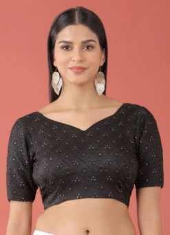 Black Raw Silk Embroidery Work Blouse Party Wear -C Bazaar Shop Black Raw Silk Embroidery Work Blouse BLSPFB139B u