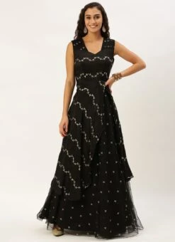 Black Viscose Embroidered Layered Gown Festive Wear -C Bazaar Shop Black Viscose Embroidered Layered Gown IWBS02212600 u