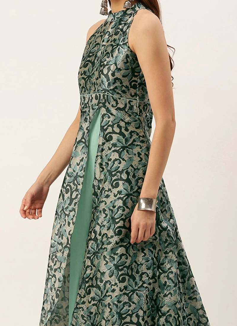 Blue Art Silk Digital Printed Halter Neck Dress Festive Wear 1 Blue Art Silk Digital Printed Halter Neck Dress Festive Wear