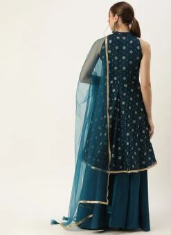 Dupatta From Blue Art Silk Halter Neck Sharara Suit After Six Wear -C Bazaar Shop Blue Art Silk Halter Neck Sharara Suit SLBS02305247 b