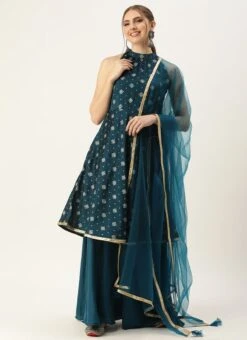 Bottom From Blue Art Silk Halter Neck Sharara Suit After Six Wear -C Bazaar Shop Blue Art Silk Halter Neck Sharara Suit SLBS02305247 u 1