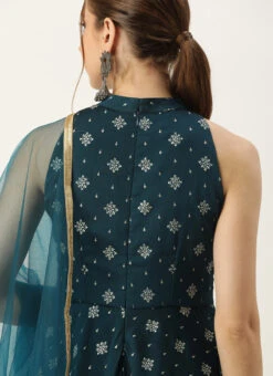 Dupatta From Blue Art Silk Halter Neck Sharara Suit After Six Wear -C Bazaar Shop Blue Art Silk Halter Neck Sharara Suit SLBS02305247 rrc2
