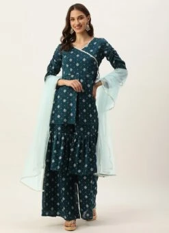 Top From Blue Art Silk Layered Gharara Suit After Six Wear -C Bazaar Shop Blue Art Silk Layered Gharara Suit SLBS02304995 u 1