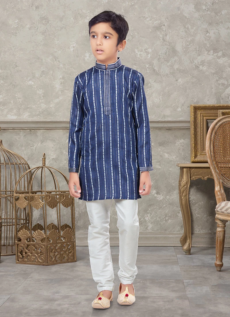 Blue Blended Cotton Kids Boys Kurta Pyjama Party Wear 2 Blue Blended Cotton Kids Boys Kurta Pyjama Party Wear - Image 2