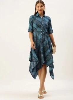 Blue Chanderi Art Silk Handkerchief Style Dress After Six Wear Festive Wear -C Bazaar Shop Blue Chanderi Art Silk Handkerchief Style Dress DRBS02203499 u