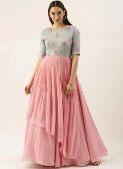 Blue Chinon Embroidered N Pink Gown Festive Wear -C Bazaar Shop Blue Chinon Embroidered N Pink Gown IWBS02104288 u
