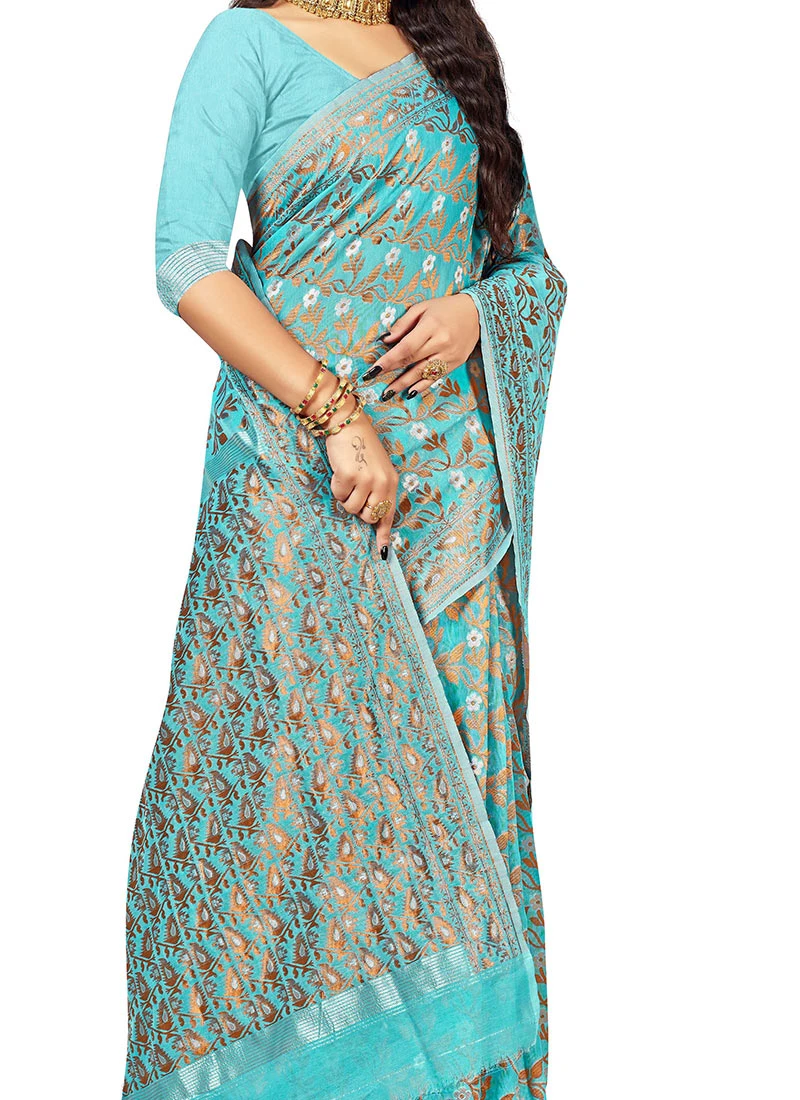 Blue Cotton Woven Saree Festive Wear 1 Blue Cotton Woven Saree Festive Wear