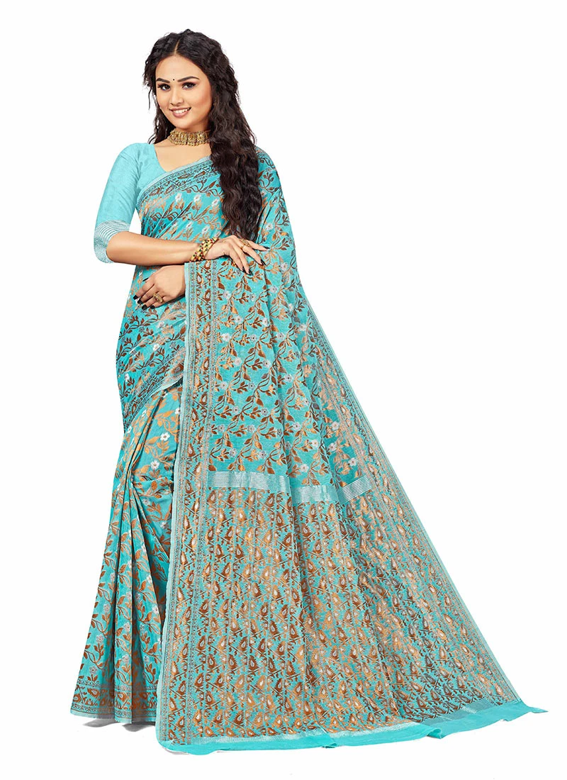 Blue Cotton Woven Saree Festive Wear 3 Blue Cotton Woven Saree Festive Wear - Image 3
