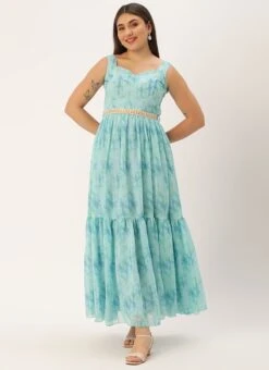 Blue Digital Print Tiered Dress Festive Wear -C Bazaar Shop Blue Digital Print Tiered Dress DRBS02303916 u