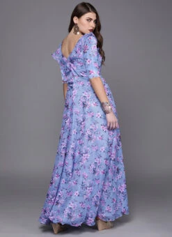 Blue Digital Print V Neck Gown Party Wear -C Bazaar Shop Blue Digital Print V Neck Gown IWBS02308956 b