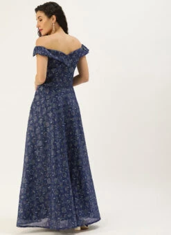 Blue Digital Printed Art Silk Off Shoulder Dress After Six Wear -C Bazaar Shop Blue Digital Printed Art Silk Off Shoulder Dress DRBS02109715 b