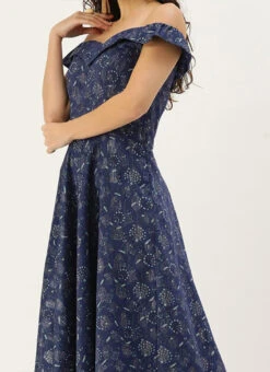 Blue Digital Printed Art Silk Off Shoulder Dress After Six Wear
