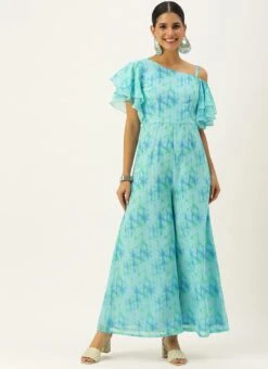 Blue Digital Printed Georgette Jumpsuit After Six Wear -C Bazaar Shop Blue Digital Printed Georgette Jumpsuit DRBS02304086 u