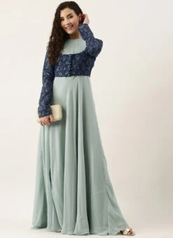 Blue Digital Printed Jacket Slit Style Dress Festive Wear -C Bazaar Shop Blue Digital Printed Jacket Slit Style Dress DRBS02110014 u